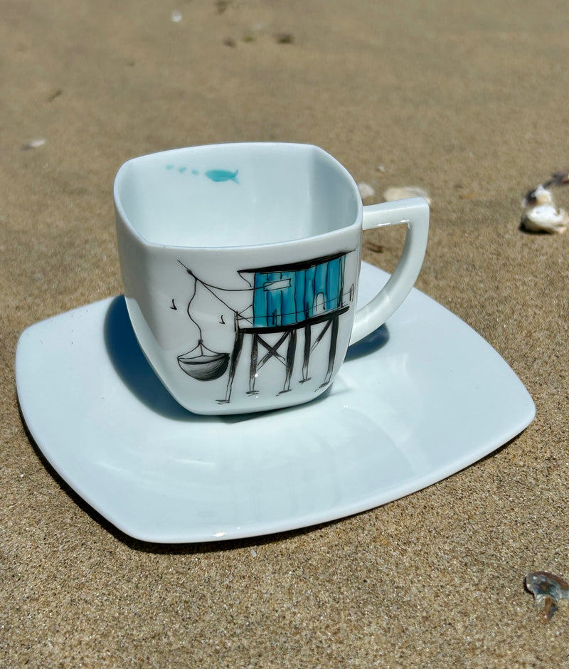 Tasse à café motif carrelet & sa soucoupe