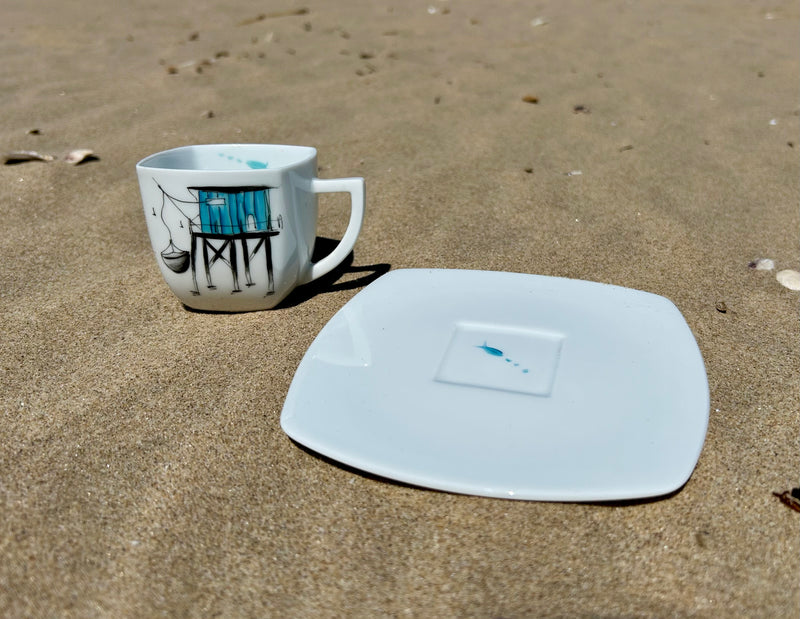 Tasse à café motif carrelet & sa soucoupe