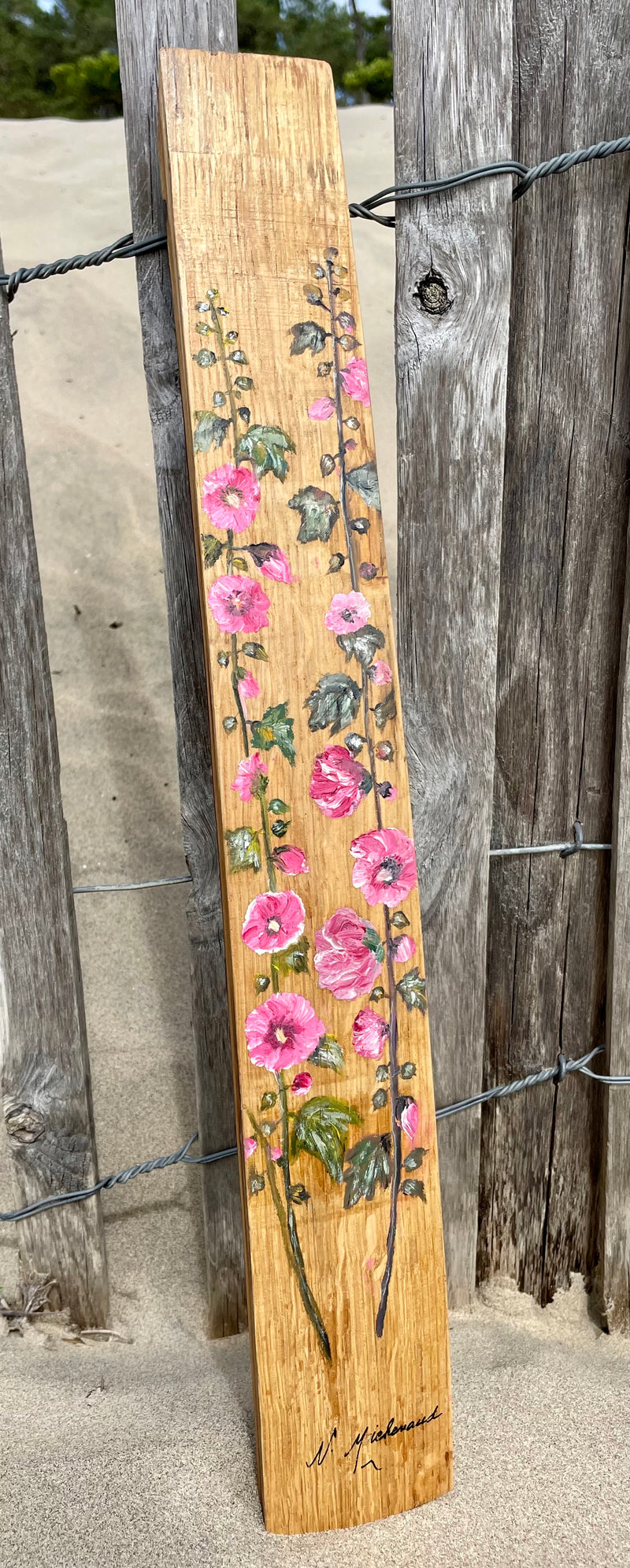Peinture sur 1/2 douelle - Roses Trémières