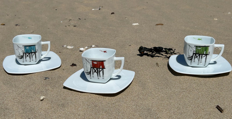 Tasse à café motif carrelet & sa soucoupe