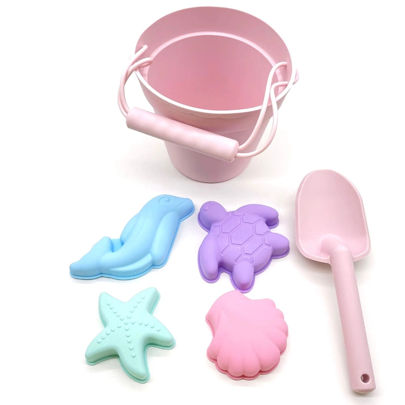 Jouets de plage en silicone (seau, pelle et 4 accessoires)