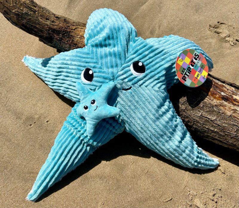 Peluche étoile de mer "Wahou" maman et son bébé bleu aqua
