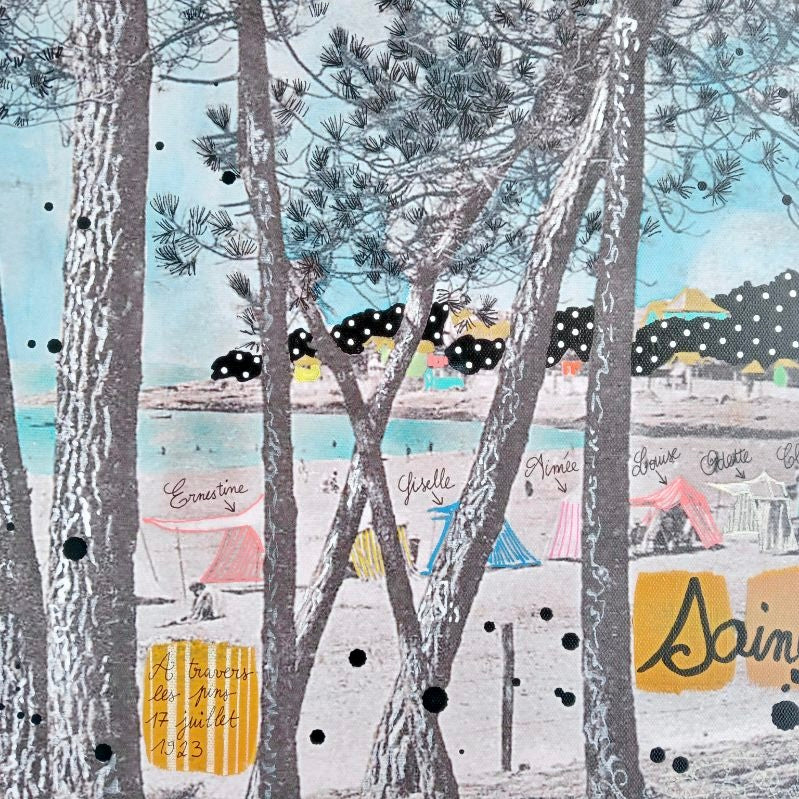 Peinture sur photographie imprimée "La plage du Bureau à travers les pins" 30X60