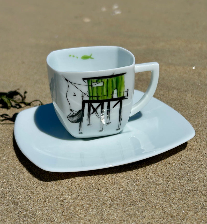 Tasse à café motif carrelet & sa soucoupe