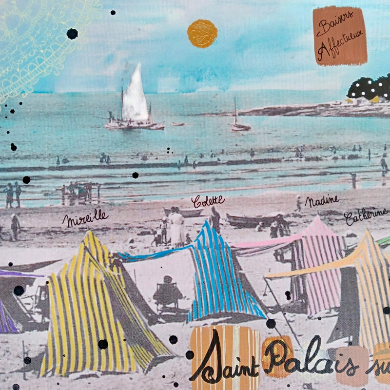 Peinture sur photographie imprimée "Les tentes sur la plage à Saint Palais" 30X60